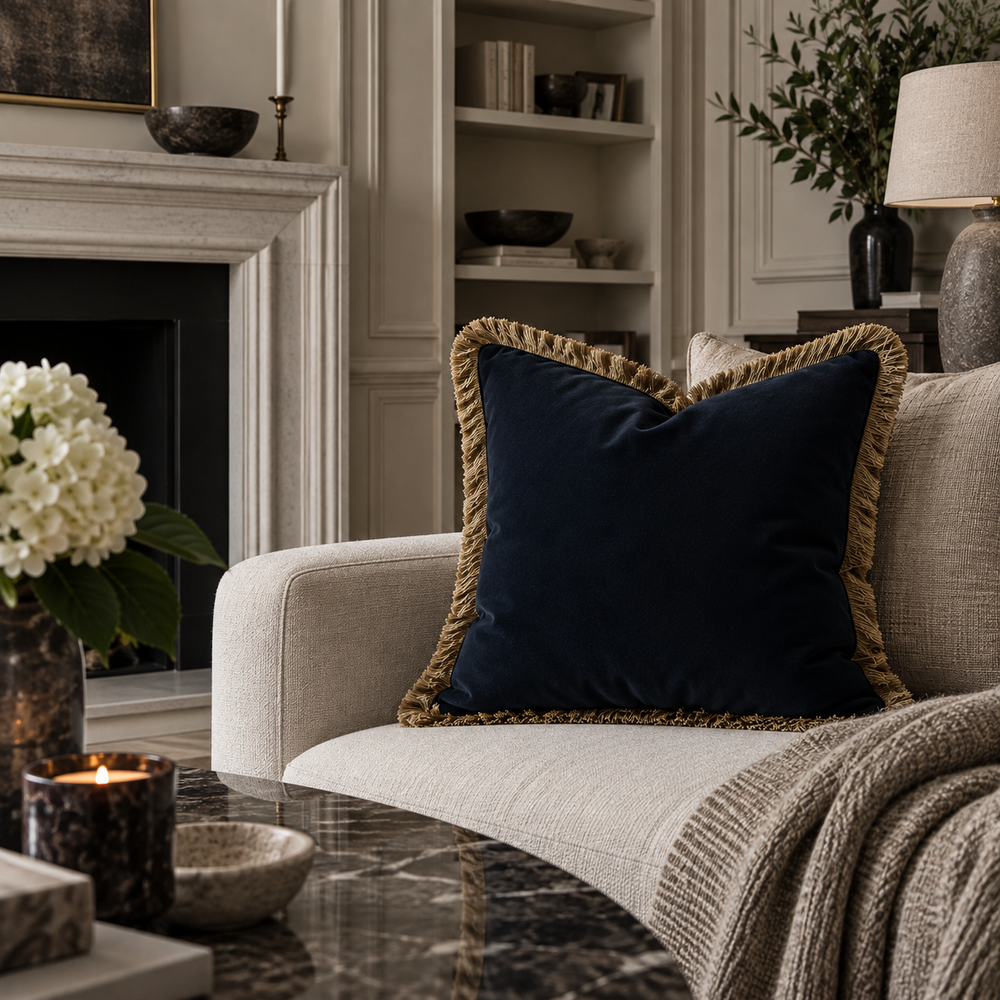 A navy blue throw pillow with a gold fringe border resting on a light beige sofa in a styled living room setting.