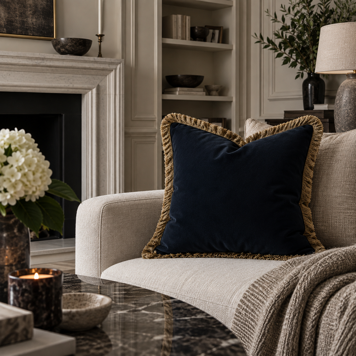 A navy blue throw pillow with a gold fringe border resting on a light beige sofa in a styled living room setting.