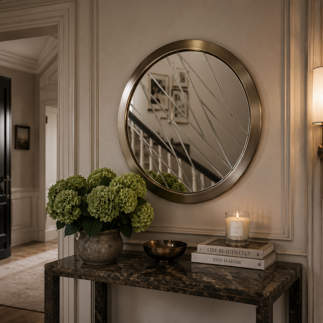 Round wall mirror with a brushed gold-toned metal frame, mounted on a beige paneled wall above a dark marble console table decorated with green hydrangeas, a candle, and books.