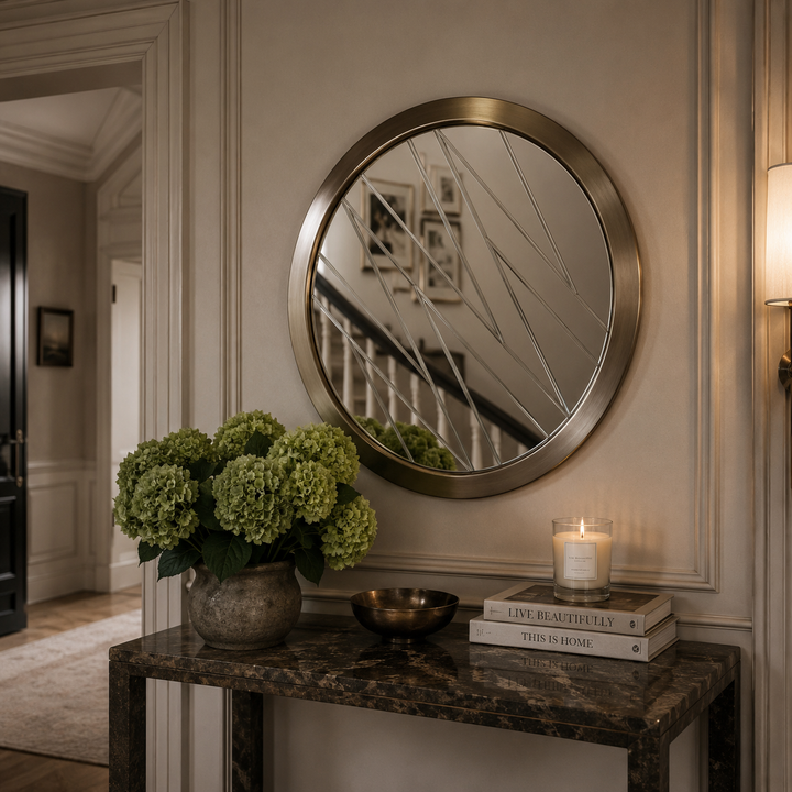 Round wall mirror with a brushed gold-toned metal frame, mounted on a beige paneled wall above a dark marble console table decorated with green hydrangeas, a candle, and books.