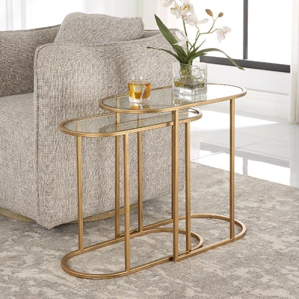 Keiichi Slide Nesting Side Tables Brass & Glass