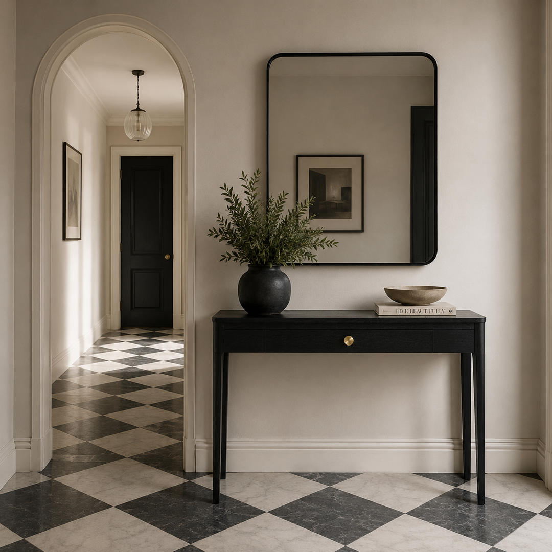 Modern interior with a black console table, mirror, and decorative items on a checkered floor.