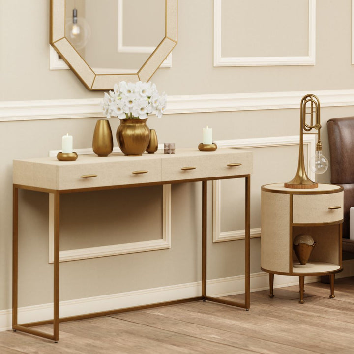 Hampton Bedside Table Round Wooden - Ivory Shagreen