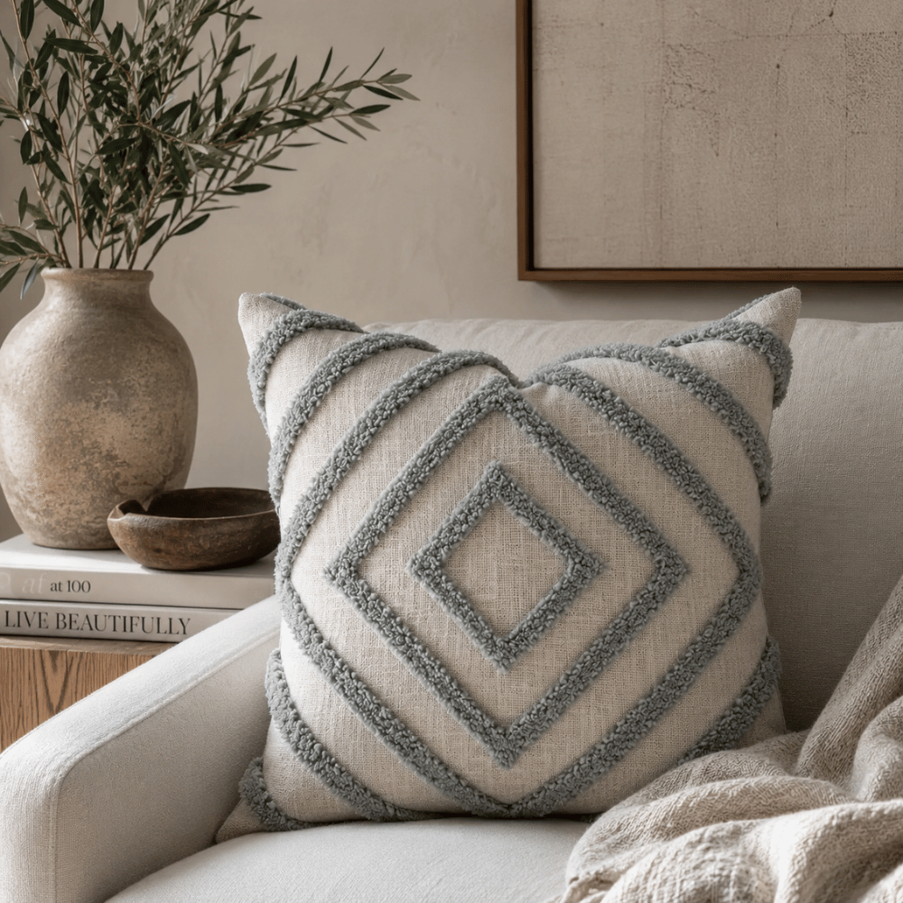 Decorative pillow with geometric pattern on a couch next to a vase with plants and books.