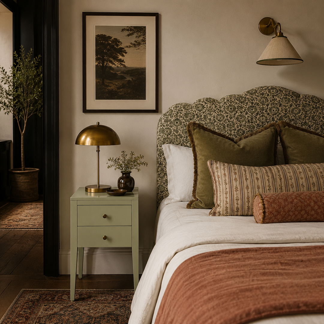 Cozy bedroom with floral headboard, patterned bedding, and decorative pillows.