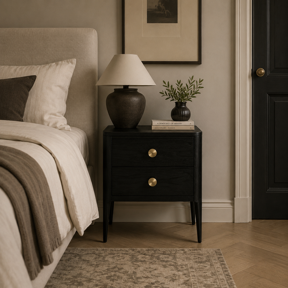Bedroom with a nightstand, lamp, and decorative items.