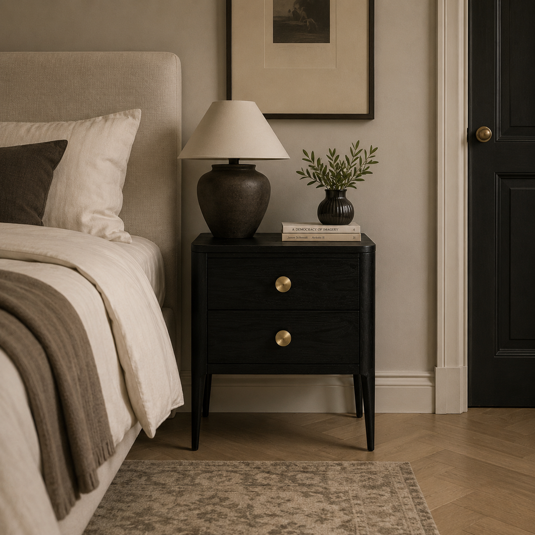 Bedroom with a nightstand, lamp, and decorative items.