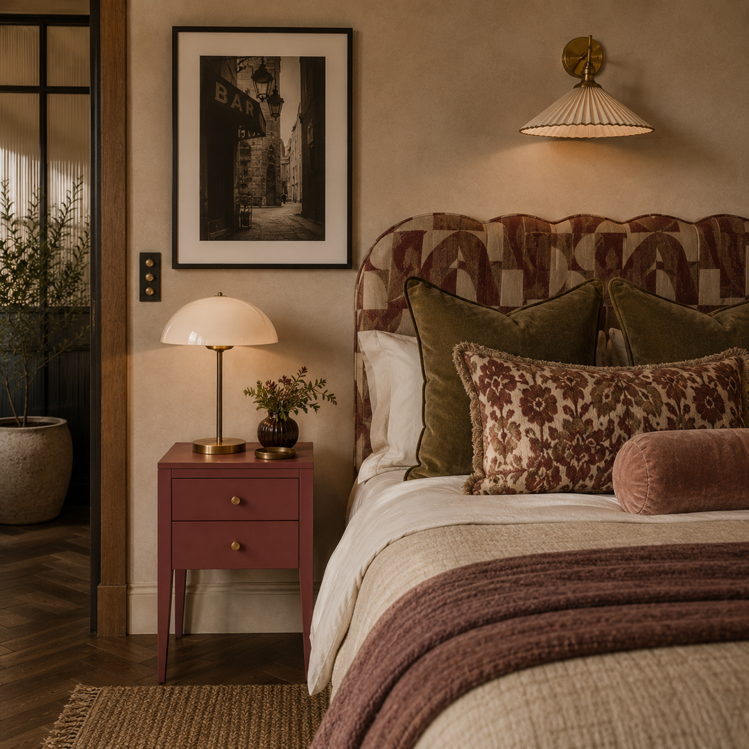 Cozy bedroom with a bed, nightstand, and wall art