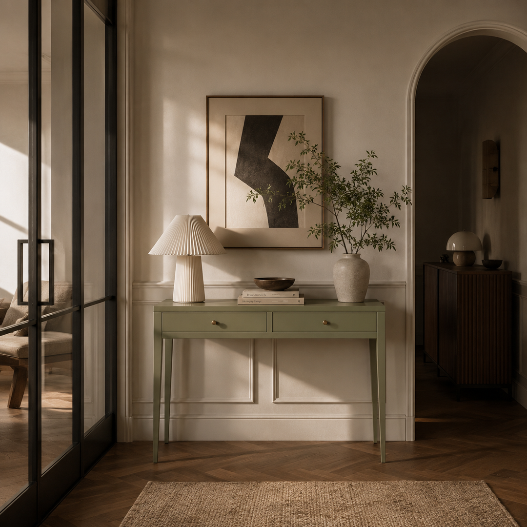 Modern interior with a green console table, lamp, and artwork on a neutral wall.