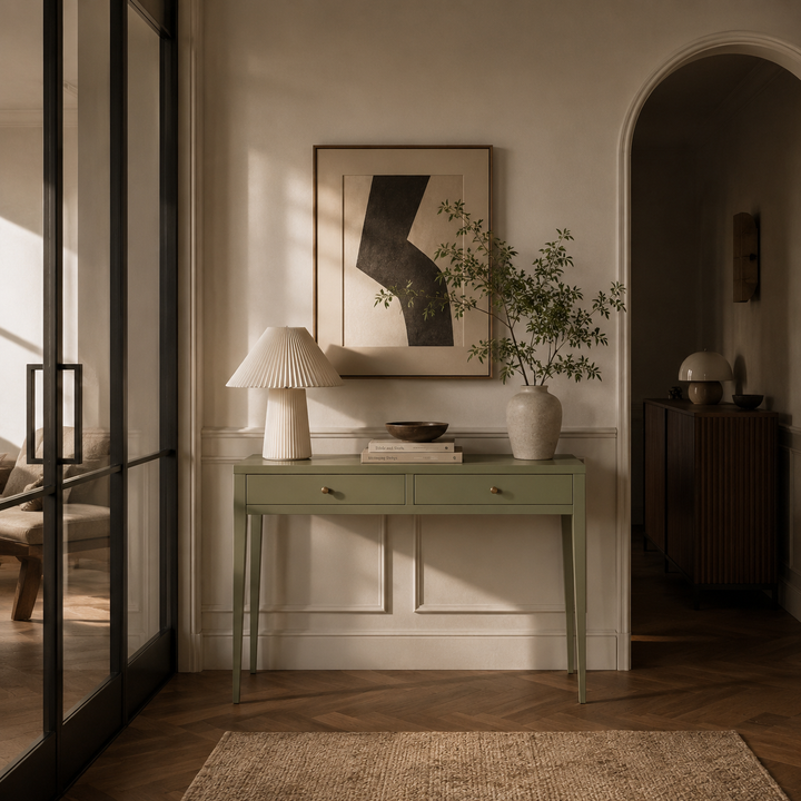 Modern interior with a green console table, lamp, and artwork on a neutral wall.