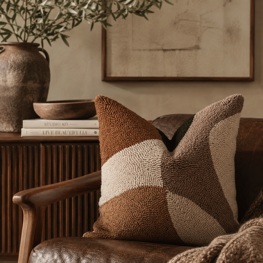 Decorative pillows on a sofa with a vase and books in the background
