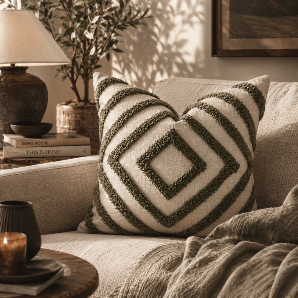 Mesa Cotton Tufted Diamond Cushion 43x43cm - Olive