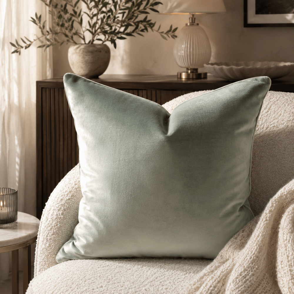 Light green pillow on a textured sofa with a lamp and plant in the background