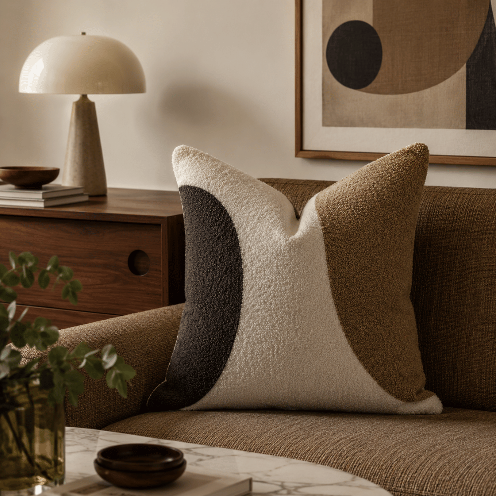 Decorative pillows on a couch with a lamp and abstract art in the background