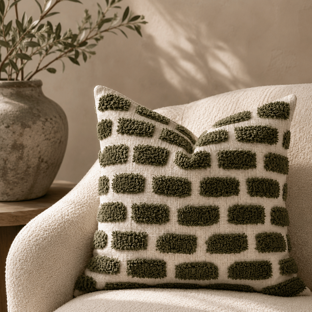 Decorative pillow with green abstract pattern on a beige armchair, next to a potted plant.