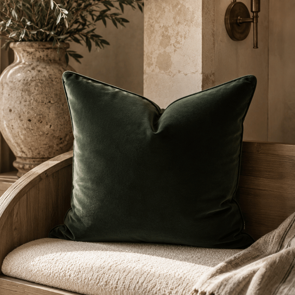 Green pillow on a wooden chair with a vase of plants in the background