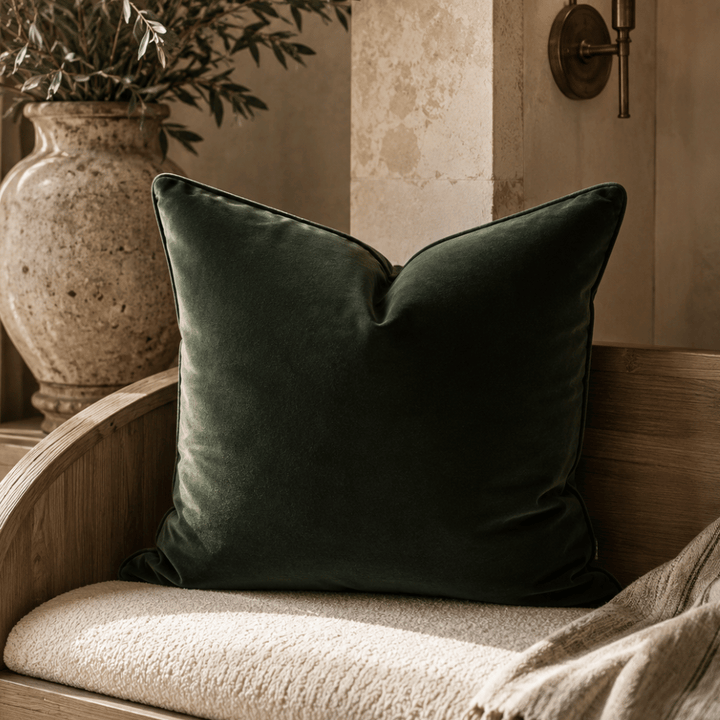 Green pillow on a wooden chair with a vase of plants in the background