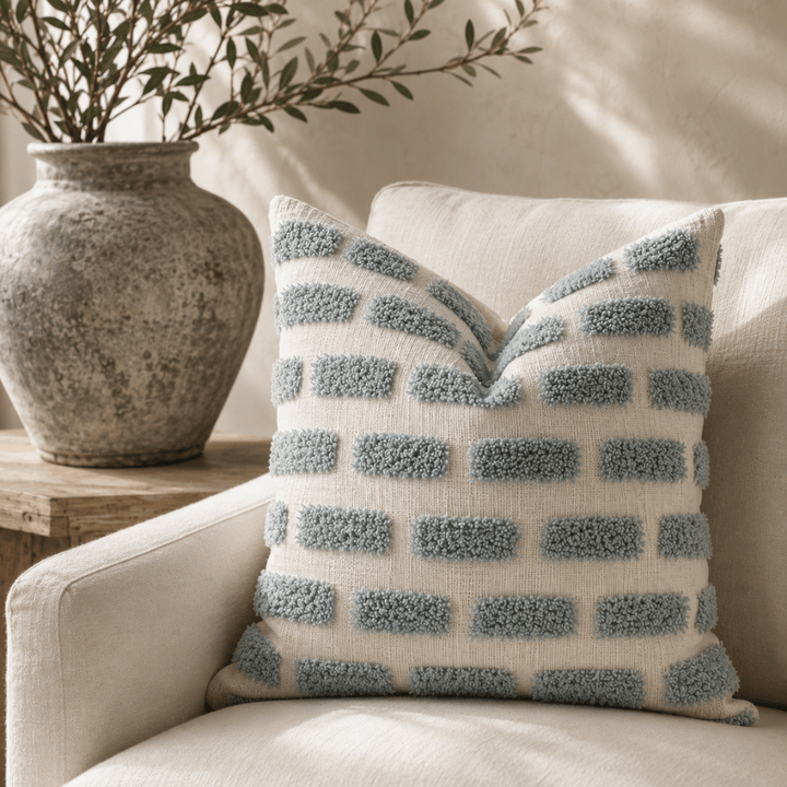 Textured pillow on a beige sofa with a decorative vase and plant in the background