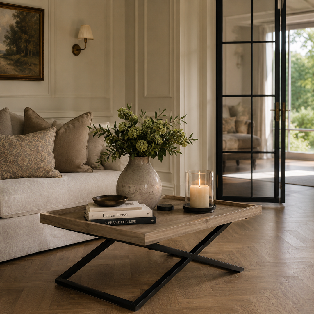 Living room with a coffee table, vase of flowers, and books.