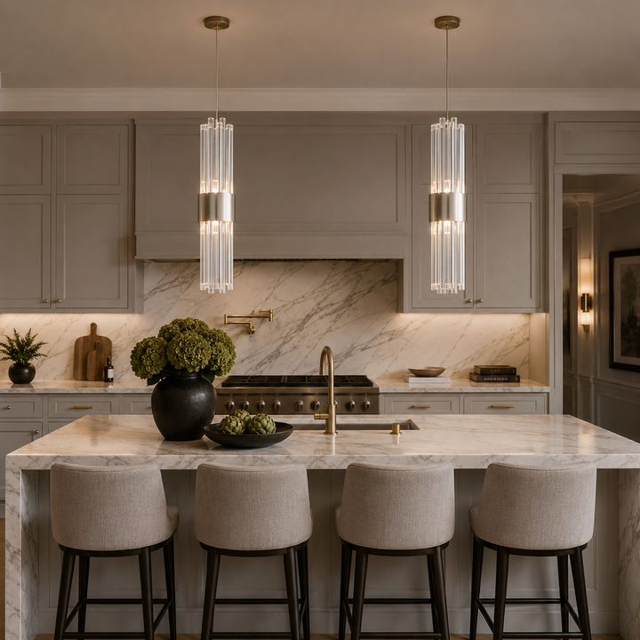 A modern kitchen interior with two tall cylindrical pendant lights hanging over a marble island. The kitchen features gray cabinets, a white marble backsplash and island, and brass fixtures.
