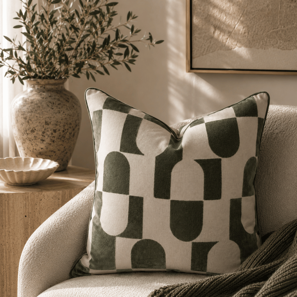 Decorative pillow with abstract pattern on a couch in a living room setting.