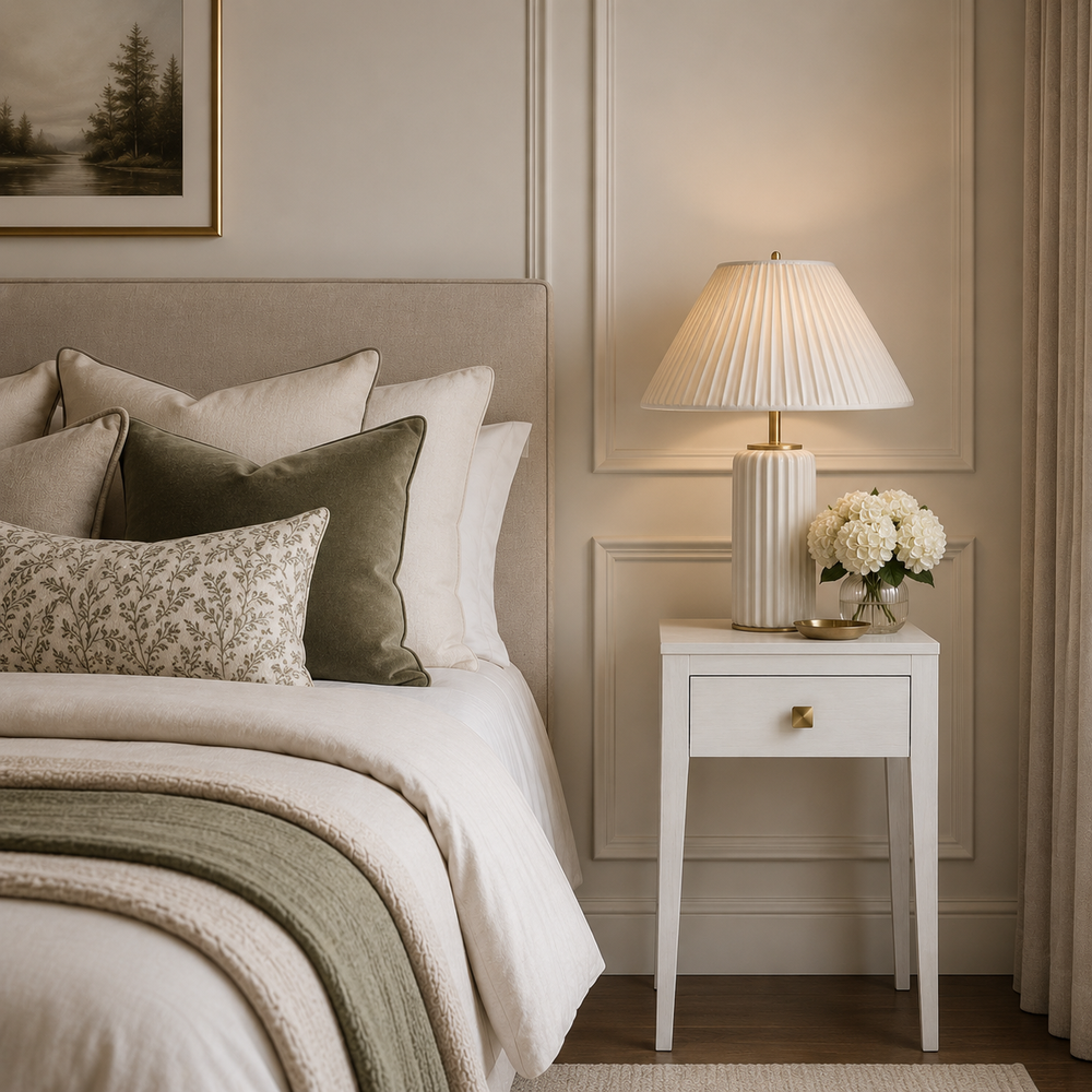 Neatly made bed with decorative pillows and a lamp on a nightstand in a bedroom.