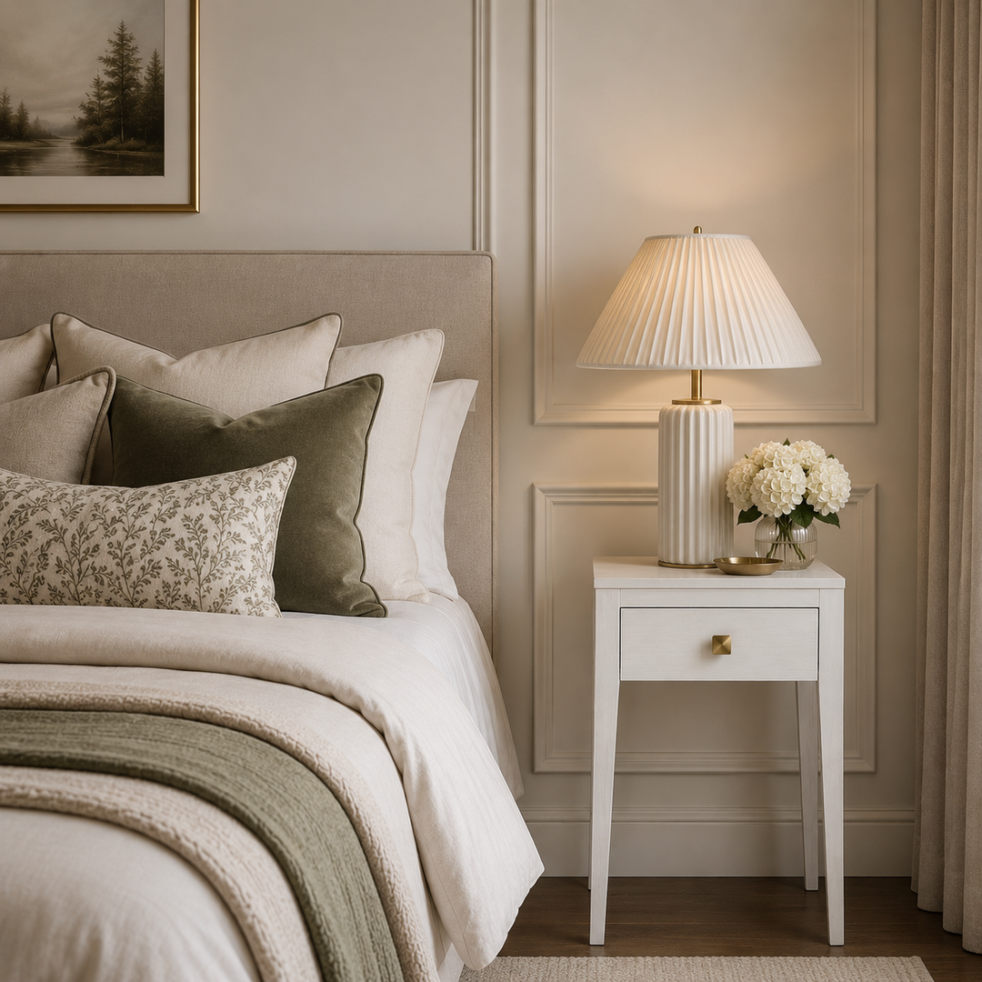 Neatly made bed with decorative pillows and a lamp on a nightstand in a bedroom.