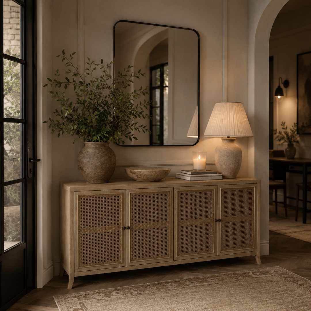 Niche with a wooden sideboard, mirror, lamp, and decorative items in a warm-toned room.