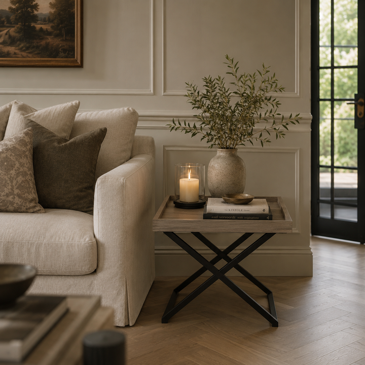 Cozy living room with beige sofa, decorative pillows, and a small table with a candle and vase.
