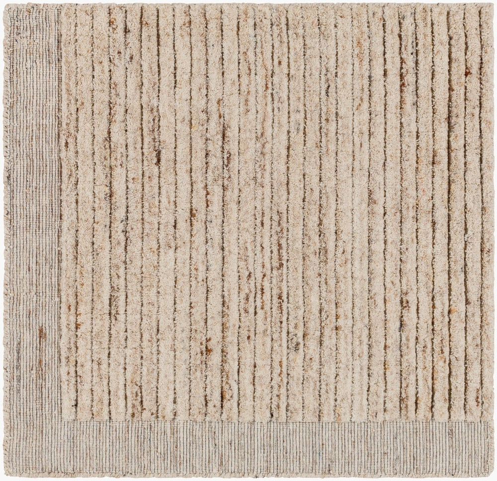 The Yasmin Hand Knotted Rug - Natural features a square beige design with vertical textured stripes and a thick, ribbed border in a darker shade, offering a simple, modern look that complements contemporary furniture and dining chairs.