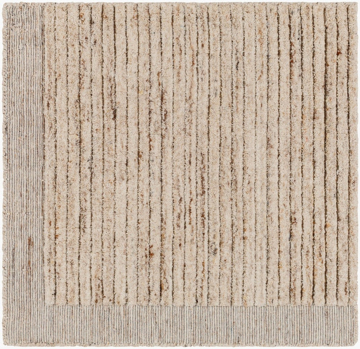 The Yasmin Hand Knotted Rug - Natural features a square beige design with vertical textured stripes and a thick, ribbed border in a darker shade, offering a simple, modern look that complements contemporary furniture and dining chairs.