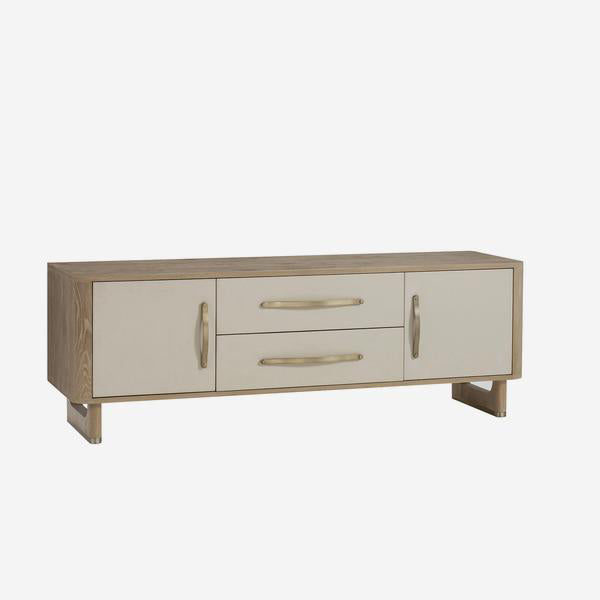 Oak Finish Media Unit uses a light wood finish against slightly contrasting lighter doors and muted gold finish handles