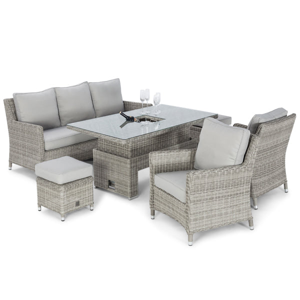 Maze Oxford Outdoor Sofa Dining Set with Ice Bucket and Rising Table in Light Grey