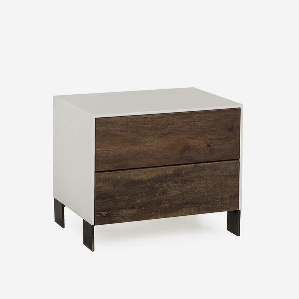 A two-tone bedside table handcrafted with a snow-white lacquer case and dark brown peroba wood drawers supported by slender satin brass legs