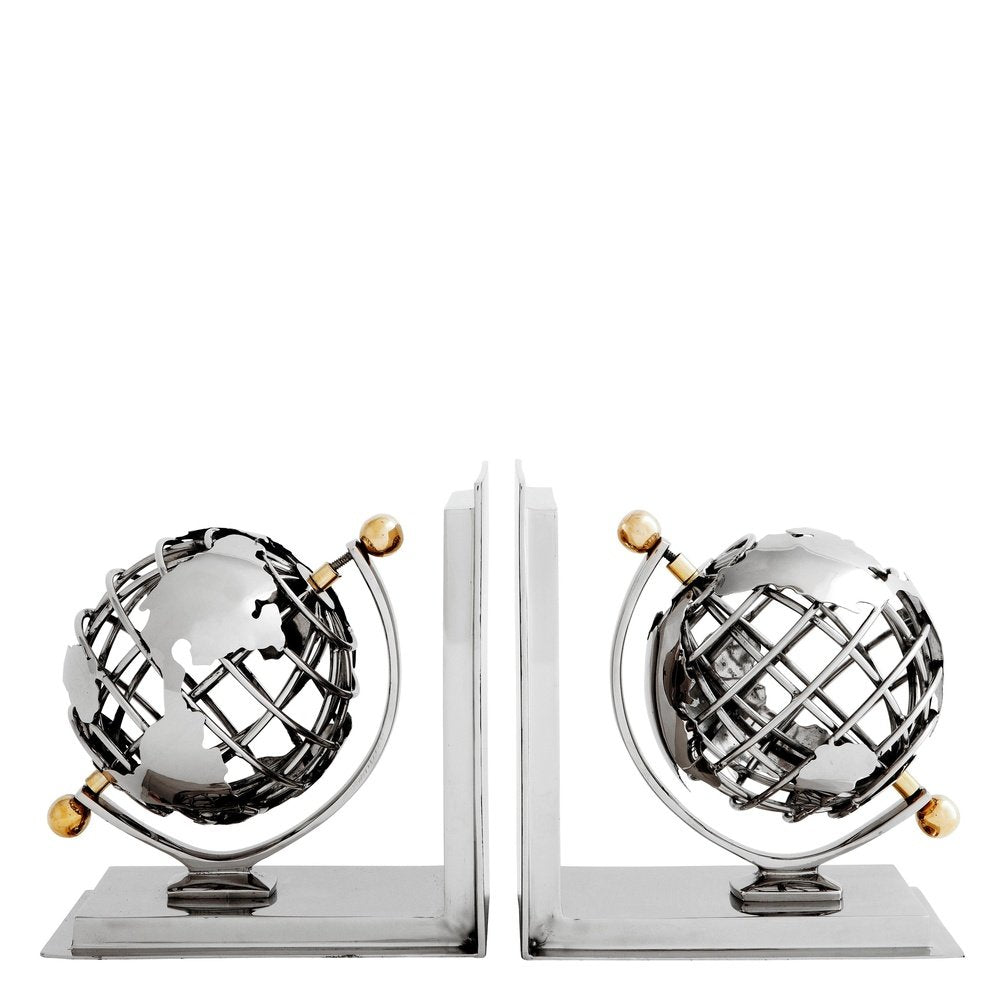 Eichholtz Set of 2 Globe Bookend Nickel Finish and Polished Brass