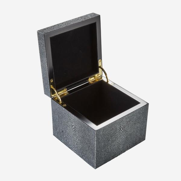 Andrew Martin Liza Box Grey- grey faux shagreen, gold hardware and smooth velvet interior