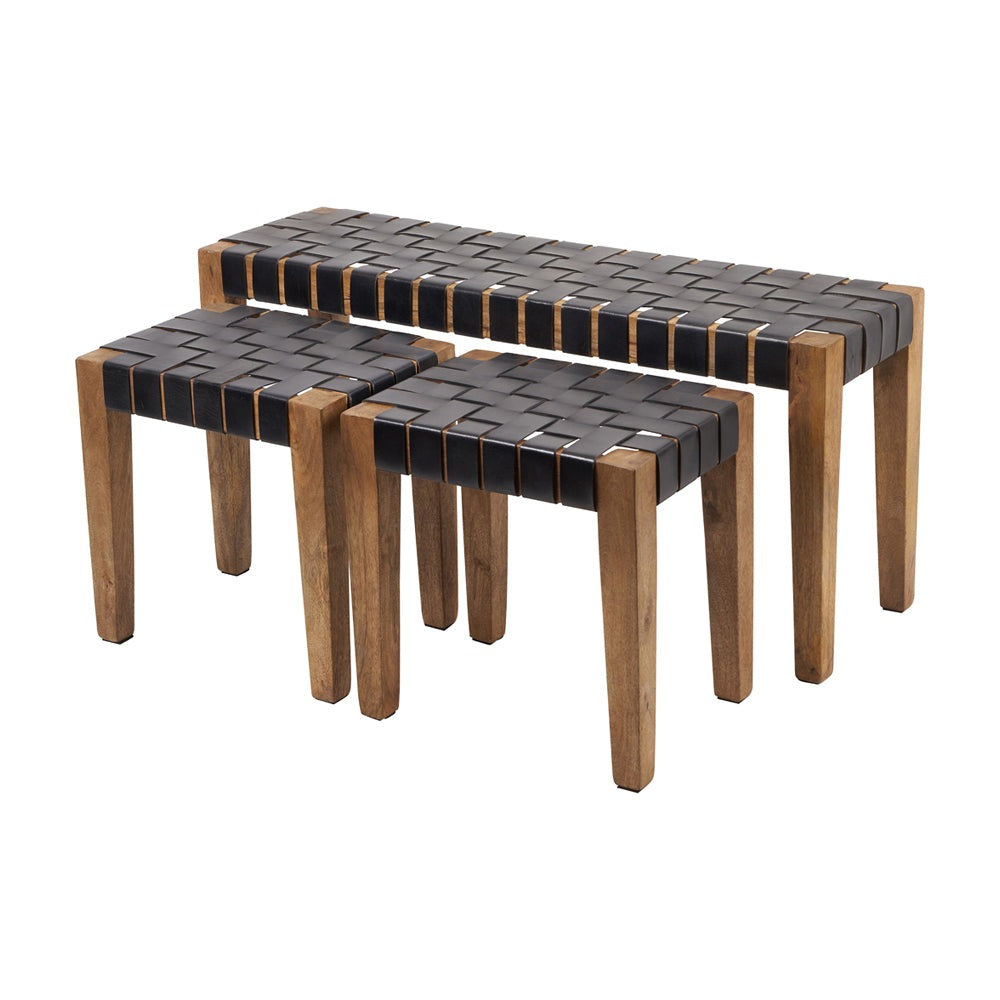 Olivia's Set of 3 Cleo Black Woven Leather and Wood Bench and Stools