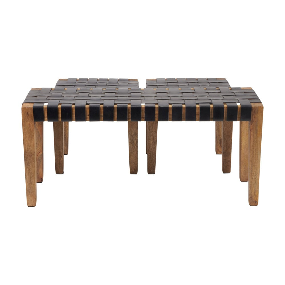 Olivia's Set of 3 Cleo Black Woven Leather and Wood Bench and Stools