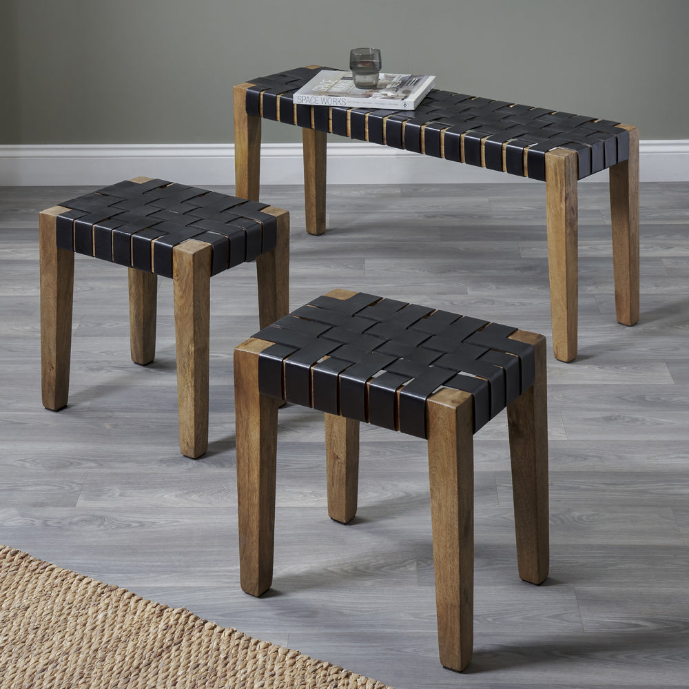 Olivia's Set of 3 Cleo Black Woven Leather and Wood Bench and Stools