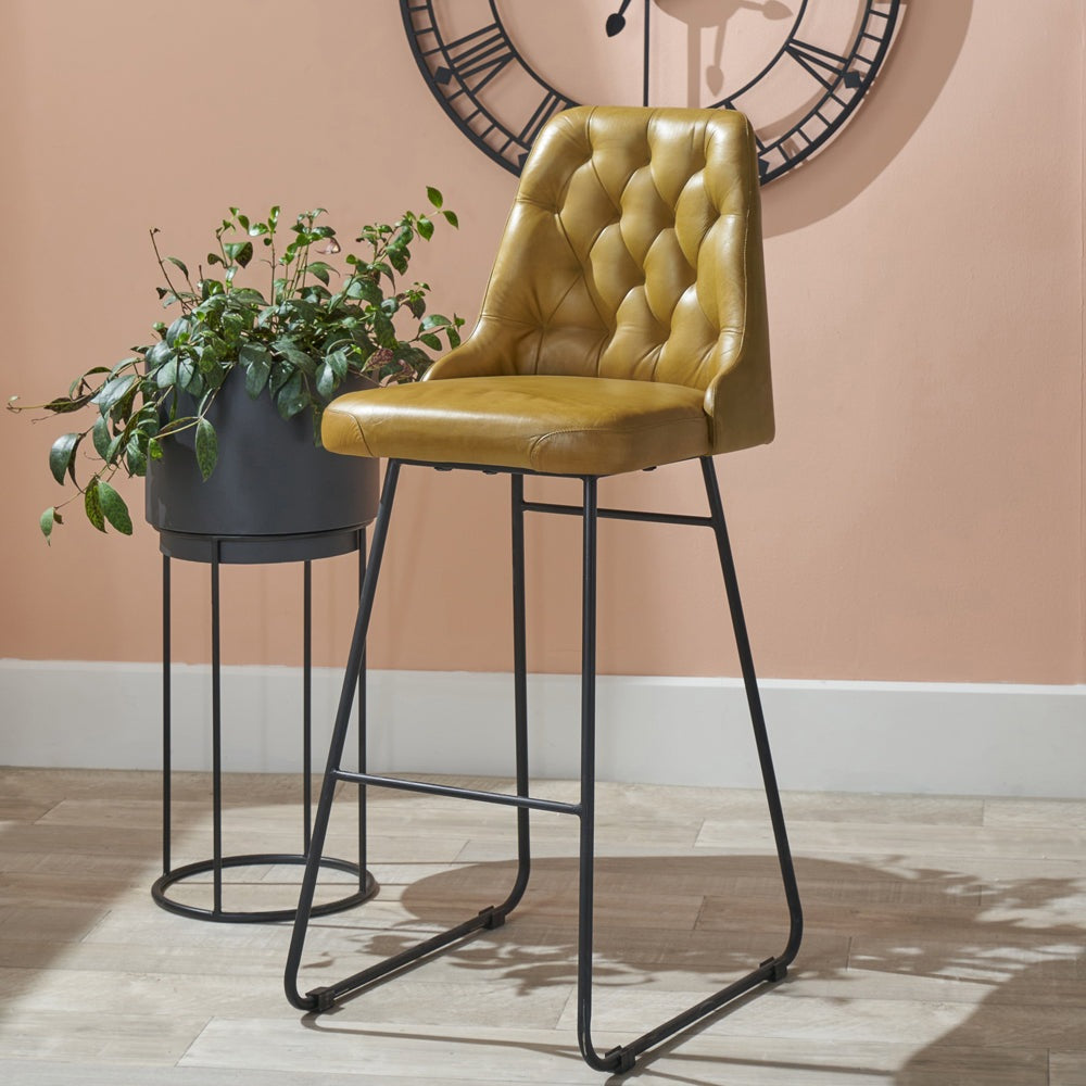 Olivia's Camille Leather and Iron Bar Stool in Mustard