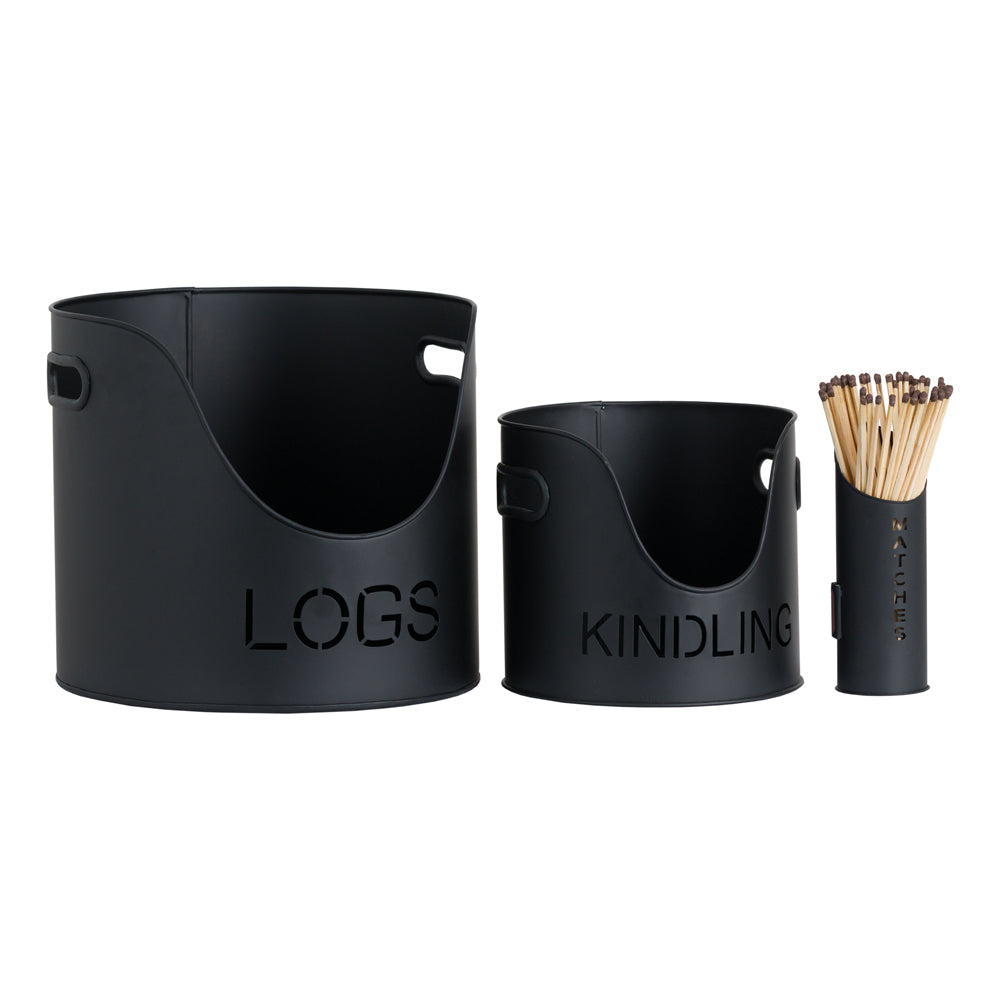 Hill Interiors Logs And Kindling Buckets & Matchstick Holder in Black