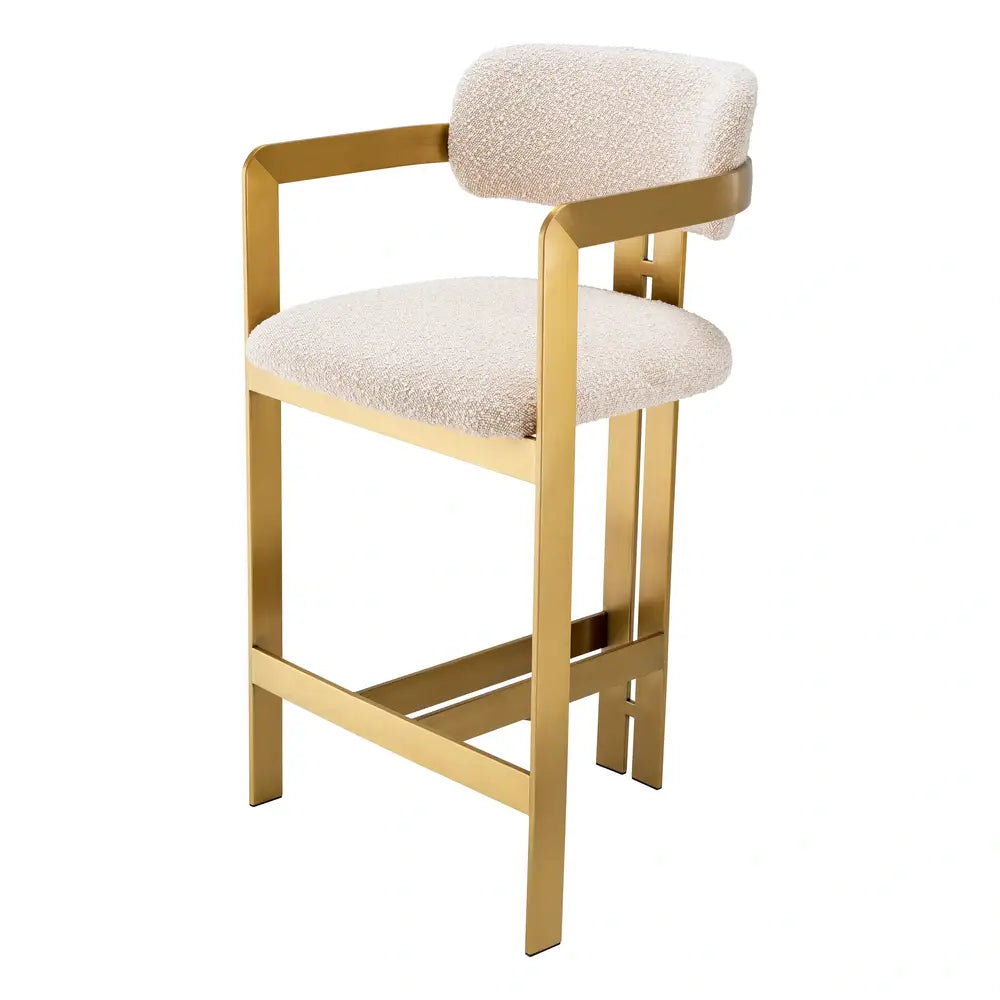 Eichholtz Cliff Brushed Brass Finish Counter Stool in Donato Cream Bouclé