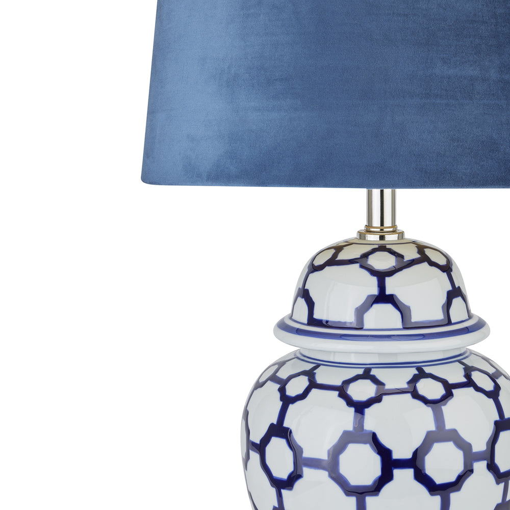 Hill Interiors Acanthus Blue And White Ceramic Lamp with Blue Velvet Shade