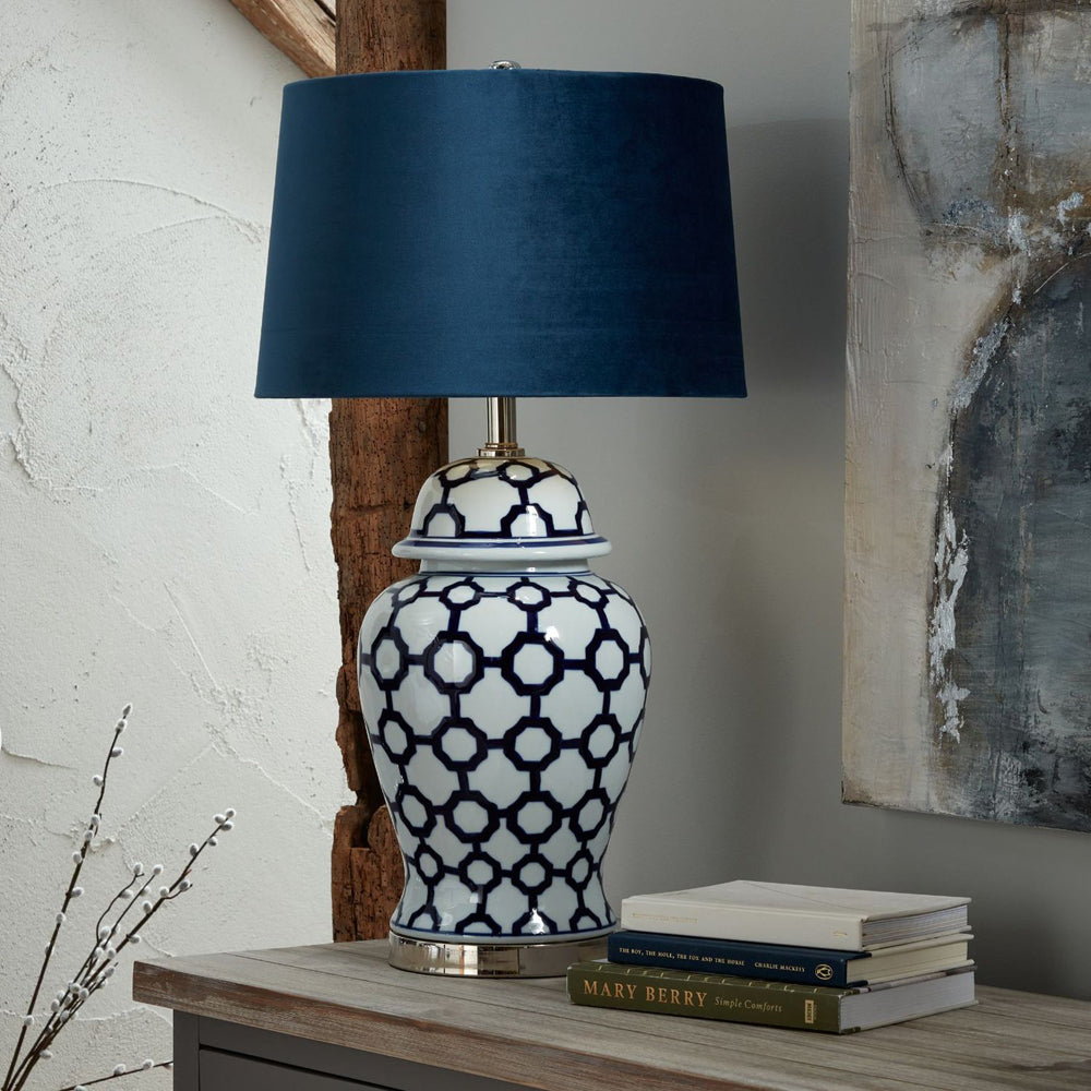 Hill Interiors Acanthus Blue And White Ceramic Lamp with Blue Velvet Shade