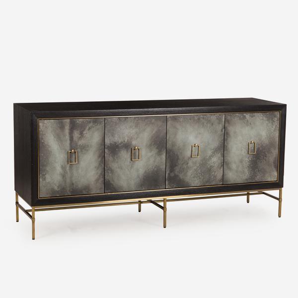 Andrew Martin Edith Cabinet-AndrewMartin-Olivia's- black wooden cabinet with four charcoal doors, smart brass handles and satin brass finished legs