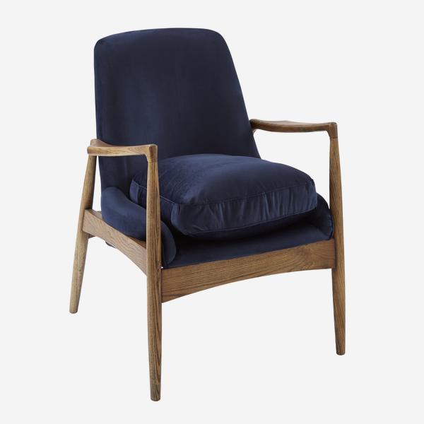 Andrew Martin Crispin Blue Velvet Chair-AndrewMartin-Olivia's- midnight blue velvet with grained wooden frame, plush cushion and spectacular design.