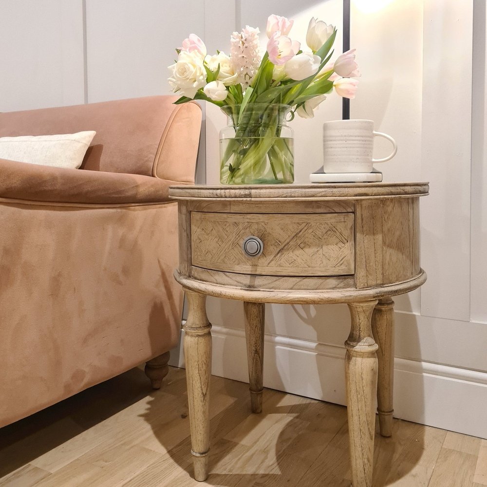 Gallery Interiors Mustique Round 1 Drawer Side Table