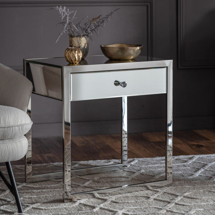 Gallery Interiors Cutler 1 Drawer Mirrored Side Table