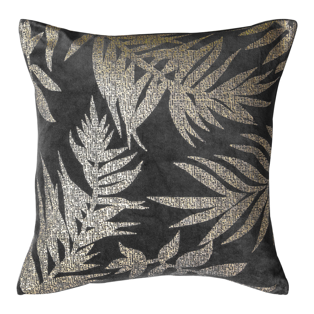Gallery Interiors Velvet Metallic Leaves Cushion in Grey