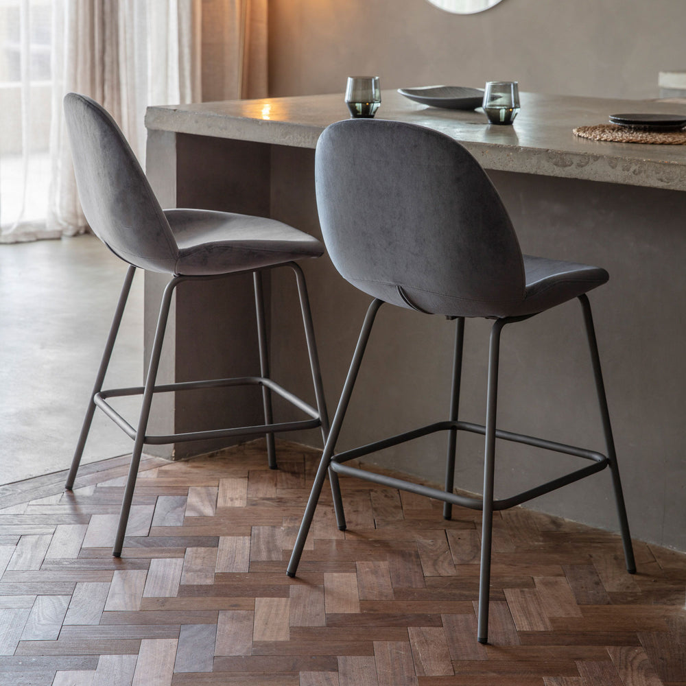 Gallery Interiors Set of 2 Flanagan Velvet Bar Stools in Dark Grey